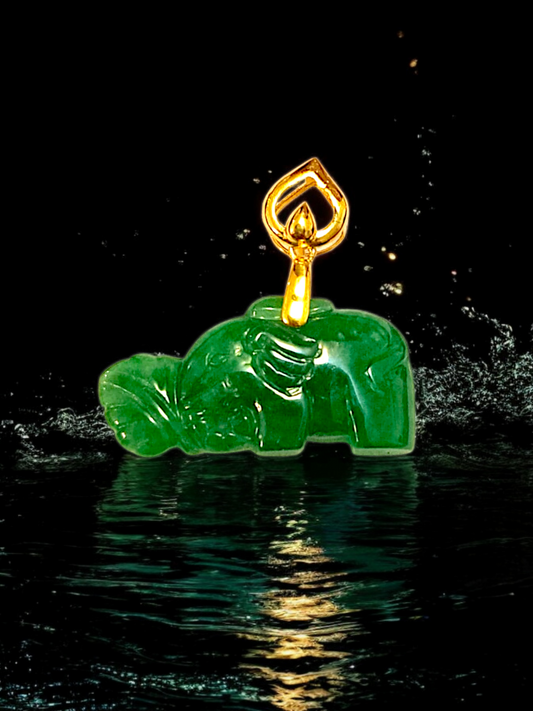 Elephant from Nagano Imperial Burmese A-Jade Charm Pendant with 18K Yellow Gold - Certified