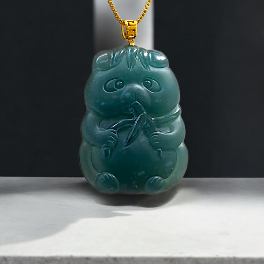 Baby Stu the Panda Burmese Blue-Green A-Jade Pendant with 18K Yellow Gold - Certified