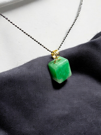 Statement Cube Burmese A-Jade Charm Pendant with 18K Yellow Gold - Certified