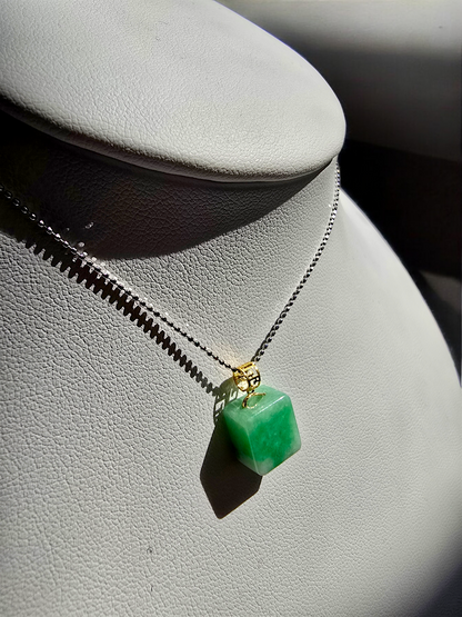 Statement Cube Burmese A-Jade Charm Pendant with 18K Yellow Gold - Certified