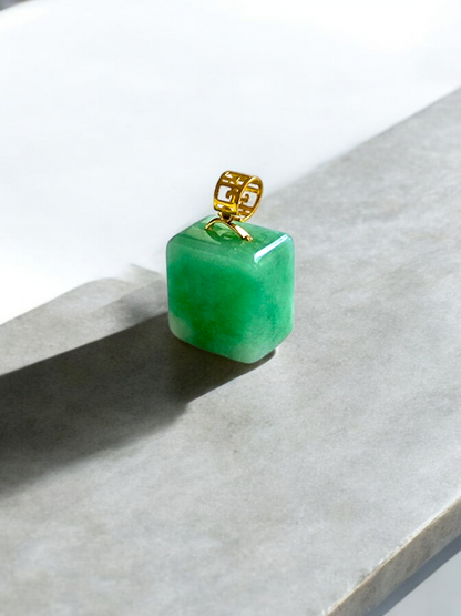 Statement Cube Burmese A-Jade Charm Pendant with 18K Yellow Gold - Certified