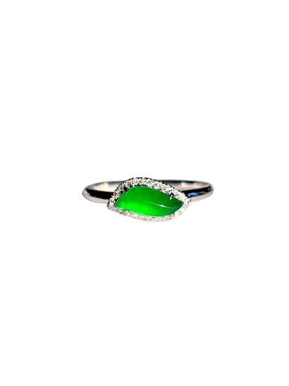 Flow Leaf Burmese A Jade Ring, with White Diamonds, and 18K White Gold - Certified