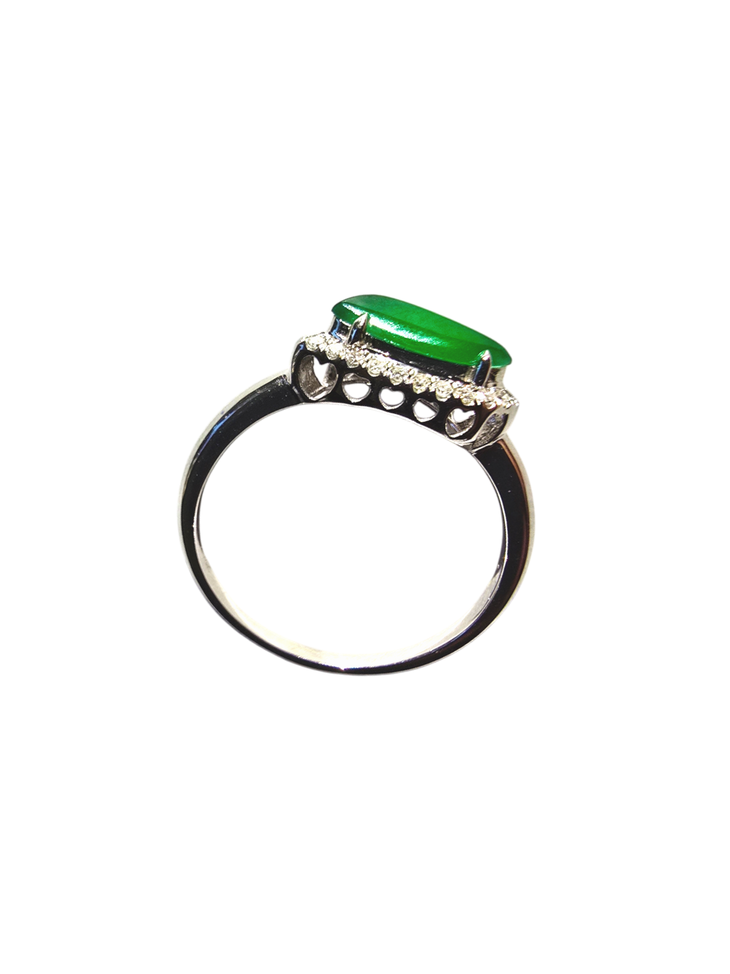 Flow Leaf Burmese A Jade Ring, with White Diamonds, and 18K White Gold - Certified