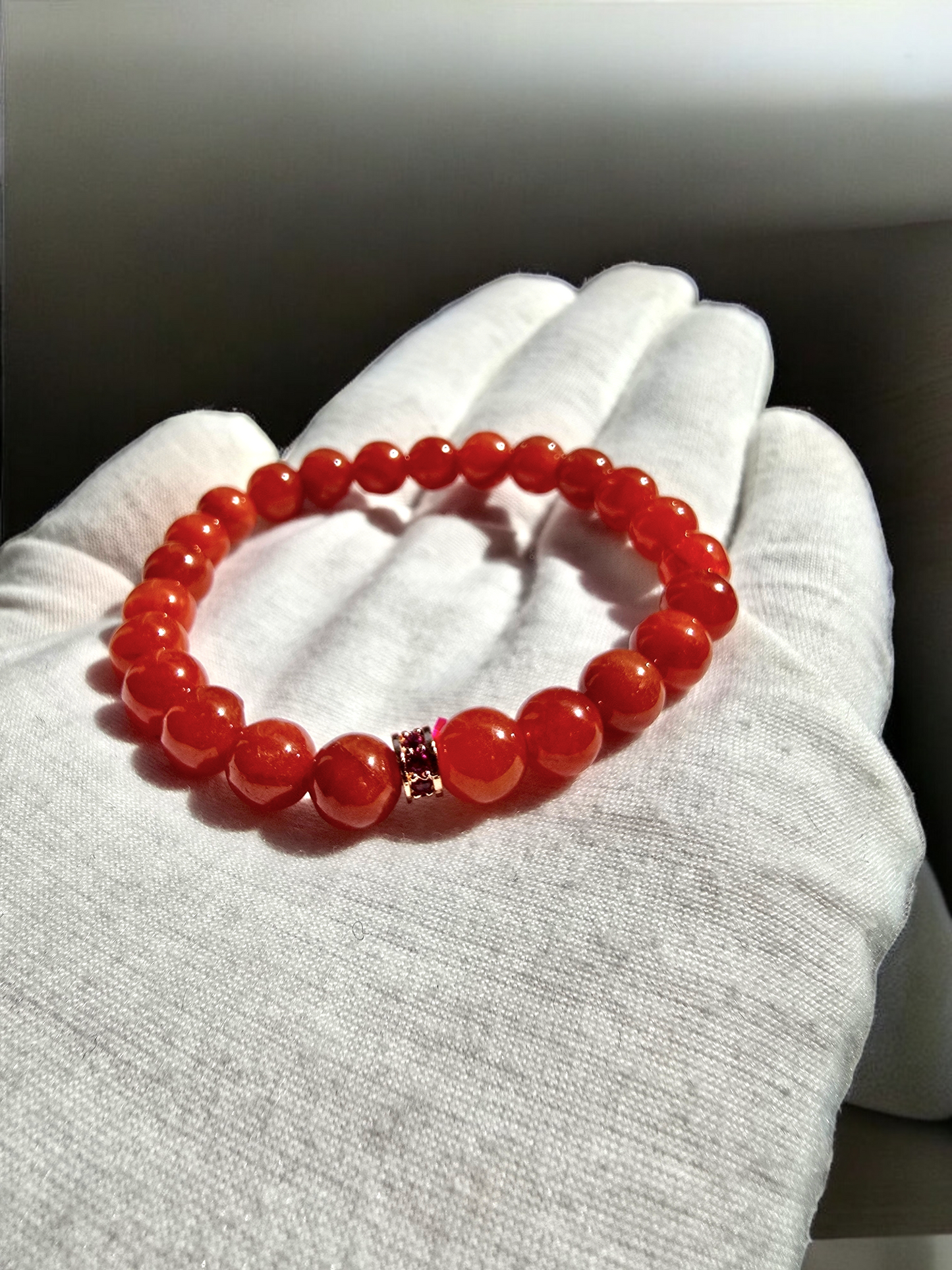 Imperial Japanese Red Burmese A-Jade Beaded Bracelet (MADE IN JAPAN) (8mm Each x 24 beads) with Sterling Silver - Certified 05038