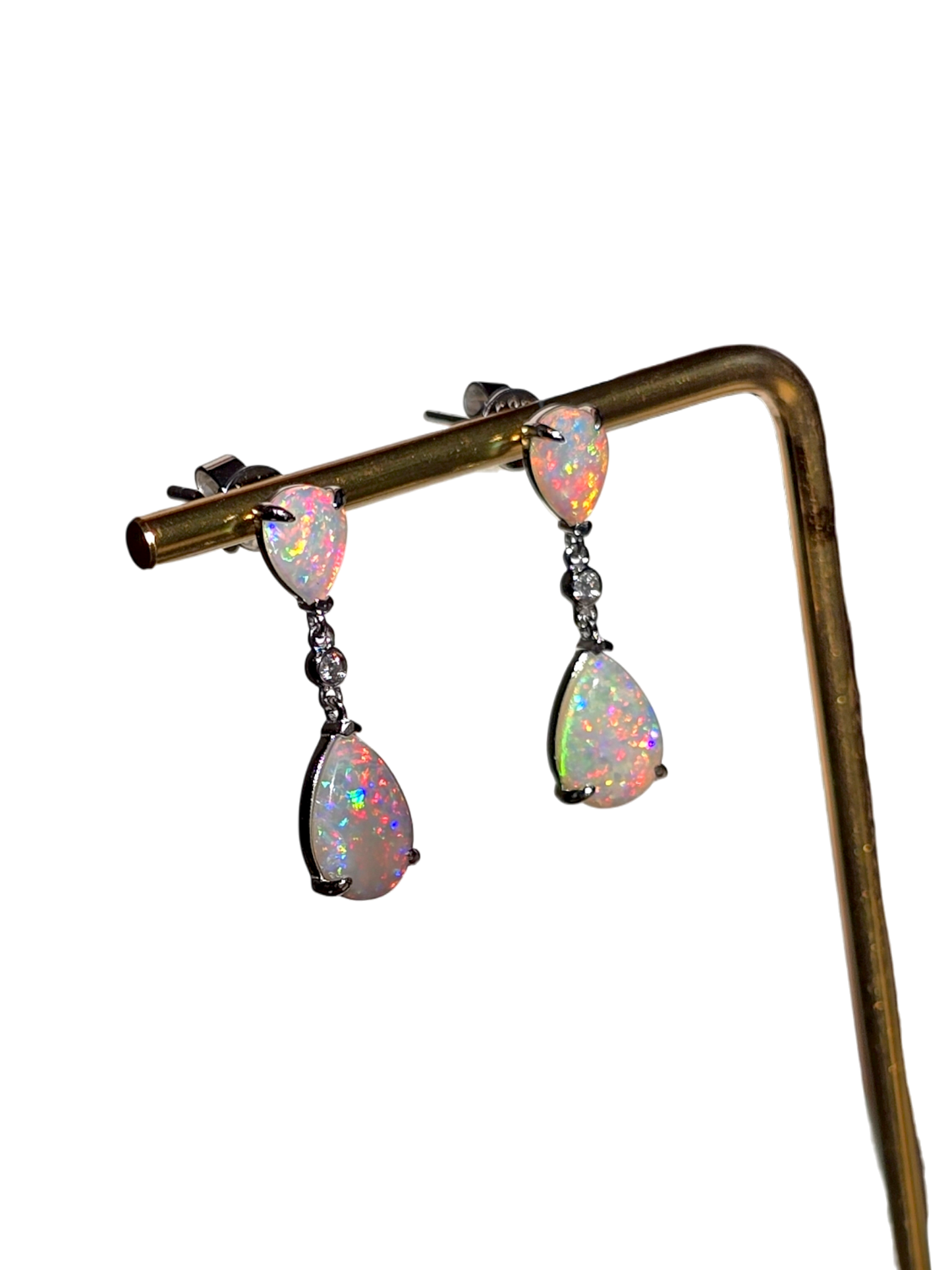 Australian Opal Drop and Dangle Earrings with 14K White Gold and White Diamonds - 3002