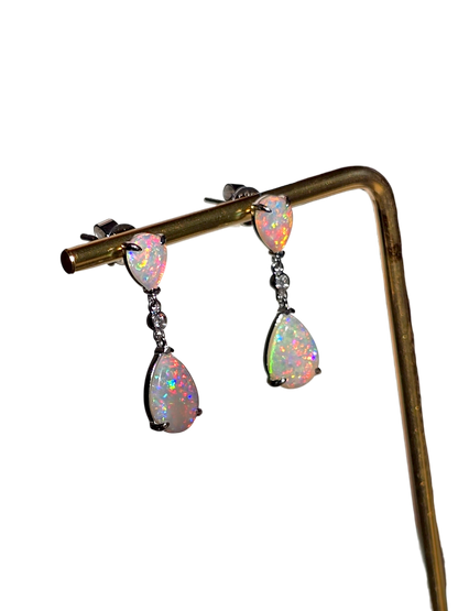 Australian Opal Drop and Dangle Earrings with 14K White Gold and White Diamonds - 3002