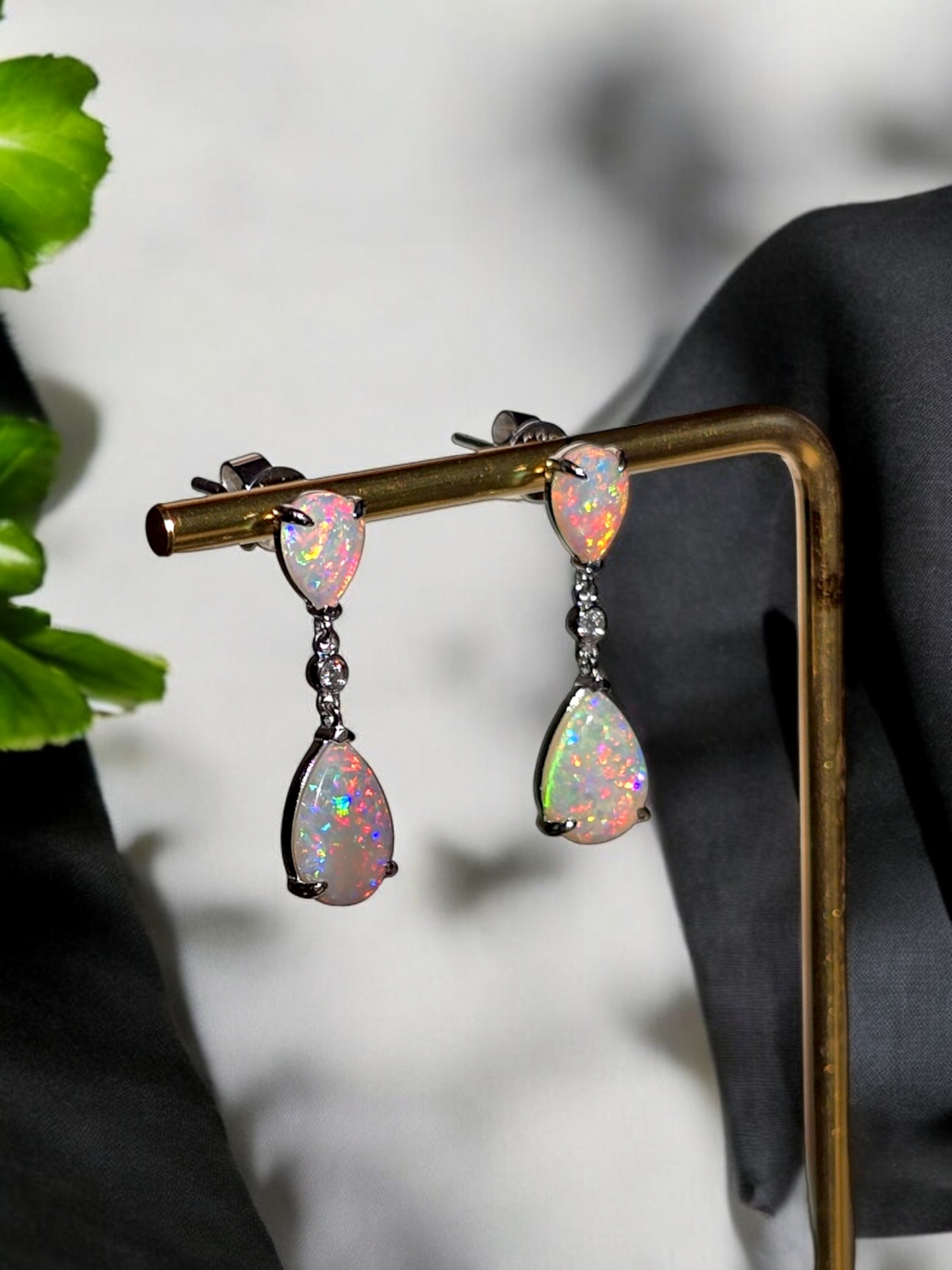 Australian Opal Drop and Dangle Earrings with 14K White Gold and White Diamonds - 3002