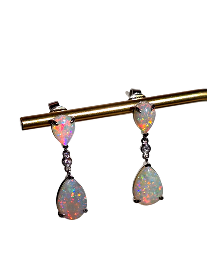 Australian Opal Drop and Dangle Earrings with 14K White Gold and White Diamonds - 3002