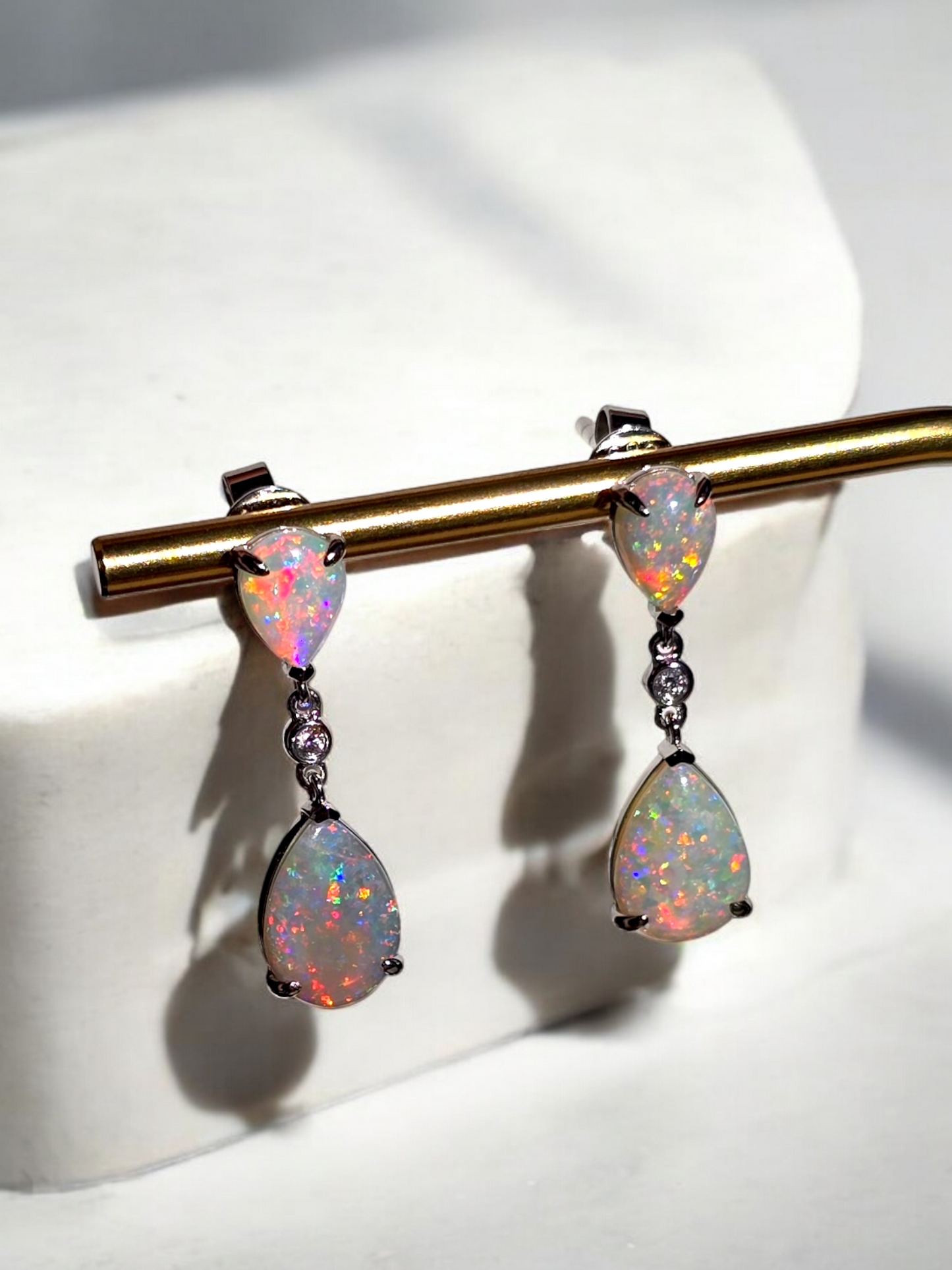 Australian Opal Drop and Dangle Earrings with 14K White Gold and White Diamonds - 3002