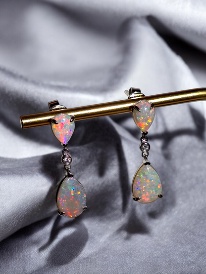 Australian Opal Drop and Dangle Earrings with 14K White Gold and White Diamonds - 3002