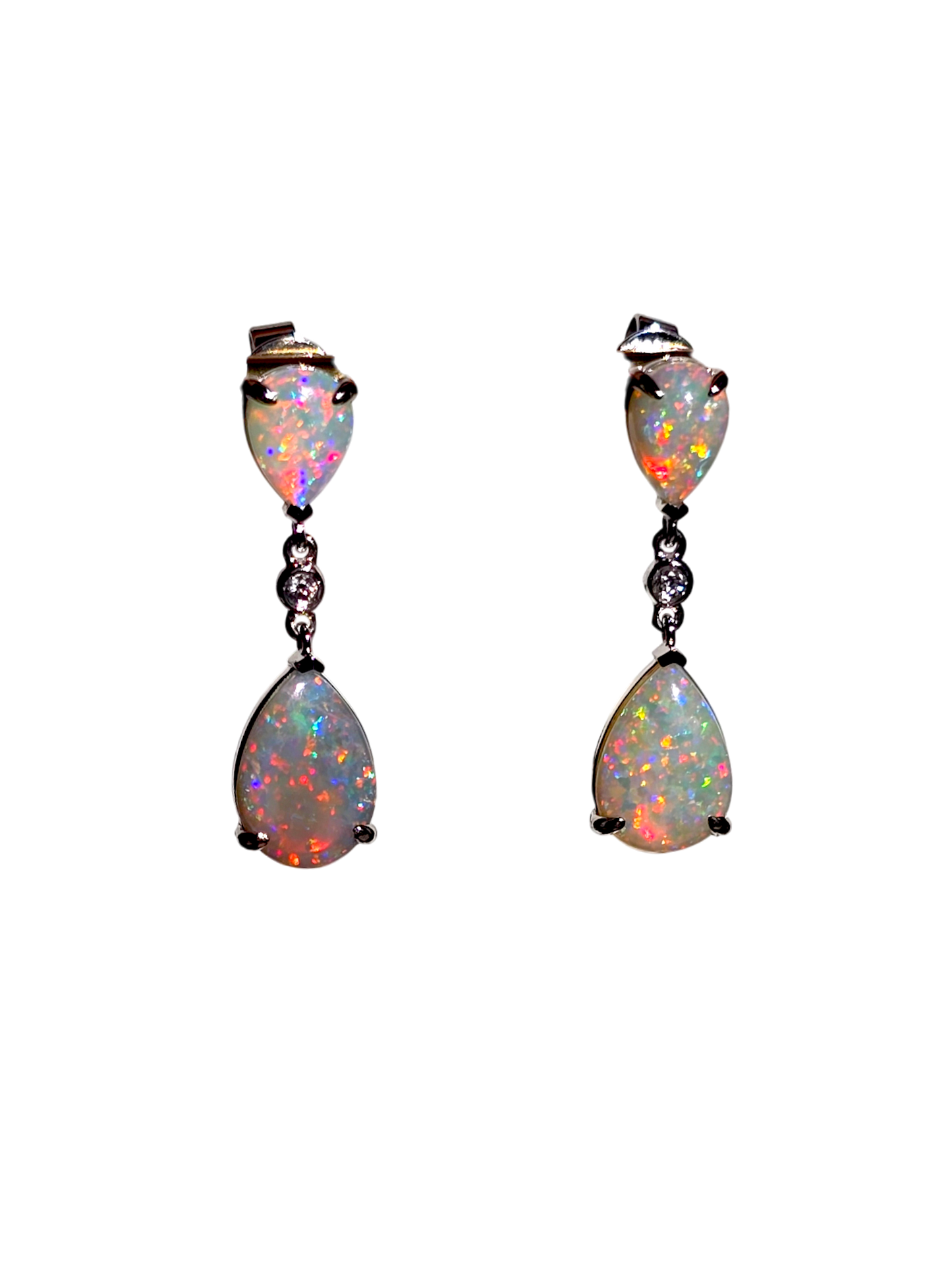 Australian Opal Drop and Dangle Earrings with 14K White Gold and White Diamonds - 3002