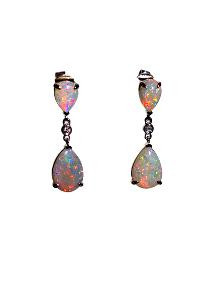 Australian Opal Drop and Dangle Earrings with 14K White Gold and White Diamonds - 3002