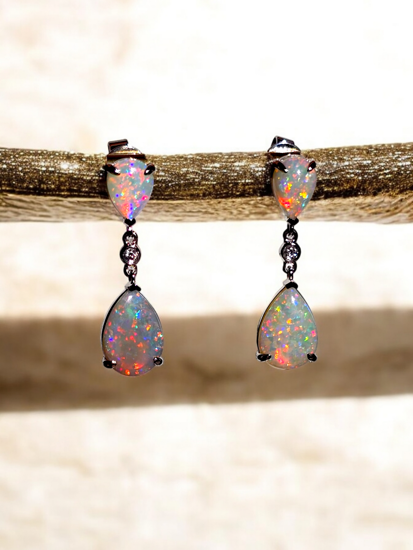 Australian Opal Drop and Dangle Earrings with 14K White Gold and White Diamonds - 3002