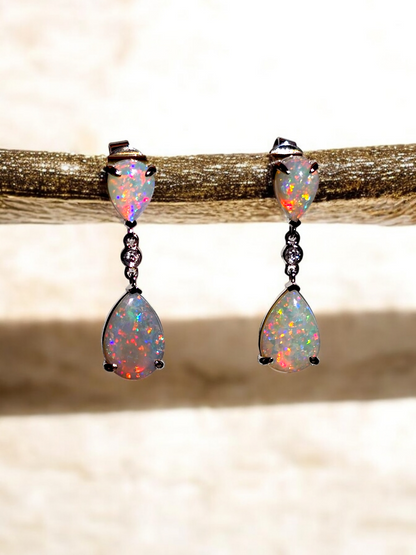 Australian Opal Drop and Dangle Earrings with 14K White Gold and White Diamonds - 3002