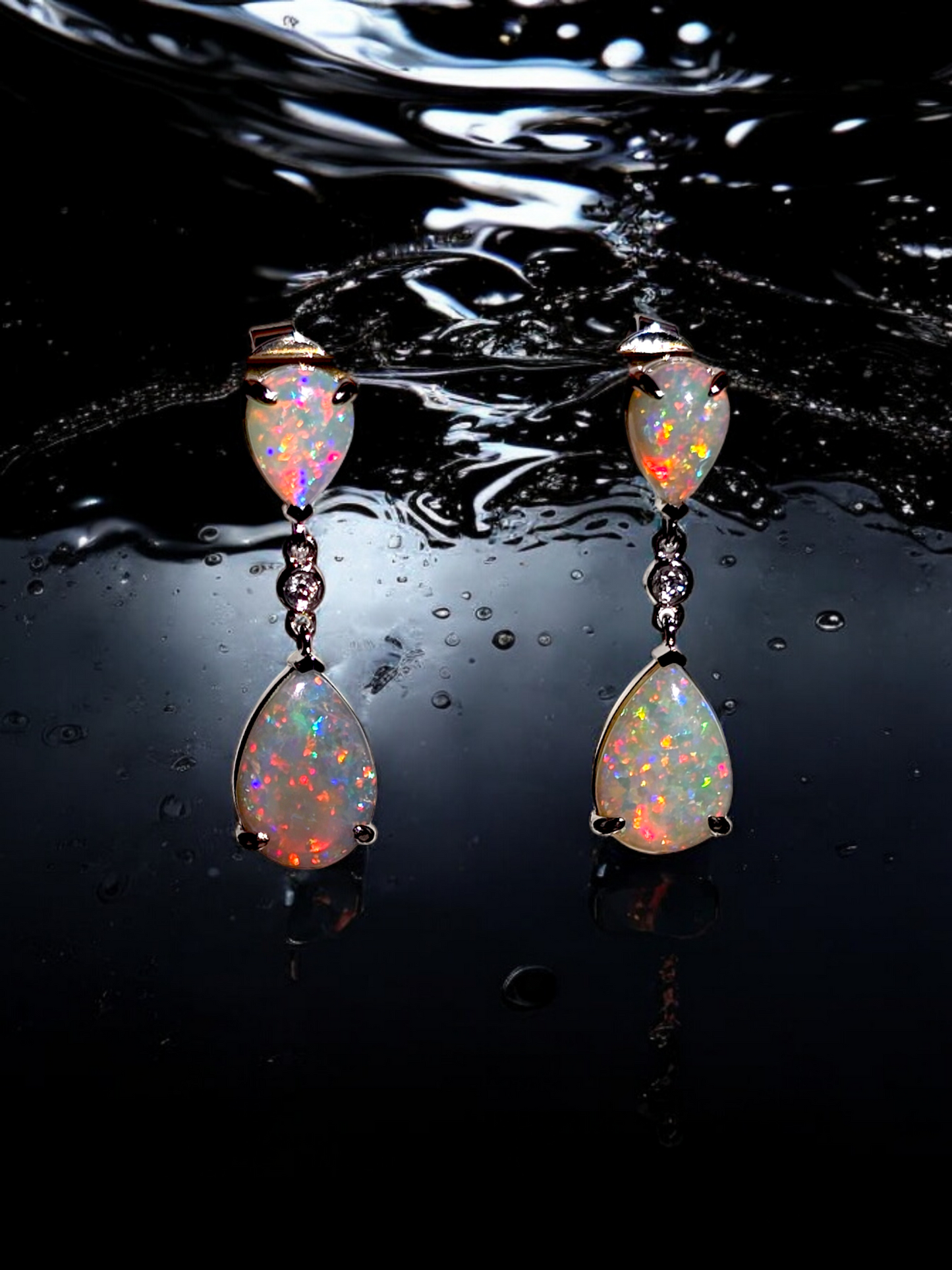 Australian Opal Drop and Dangle Earrings with 14K White Gold and White Diamonds - 3002