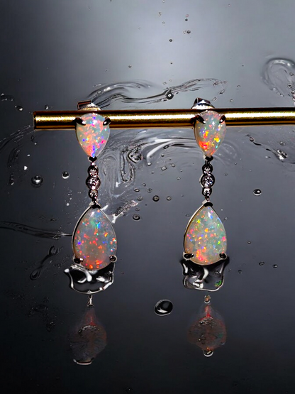 Australian Opal Drop and Dangle Earrings with 14K White Gold and White Diamonds - 3002