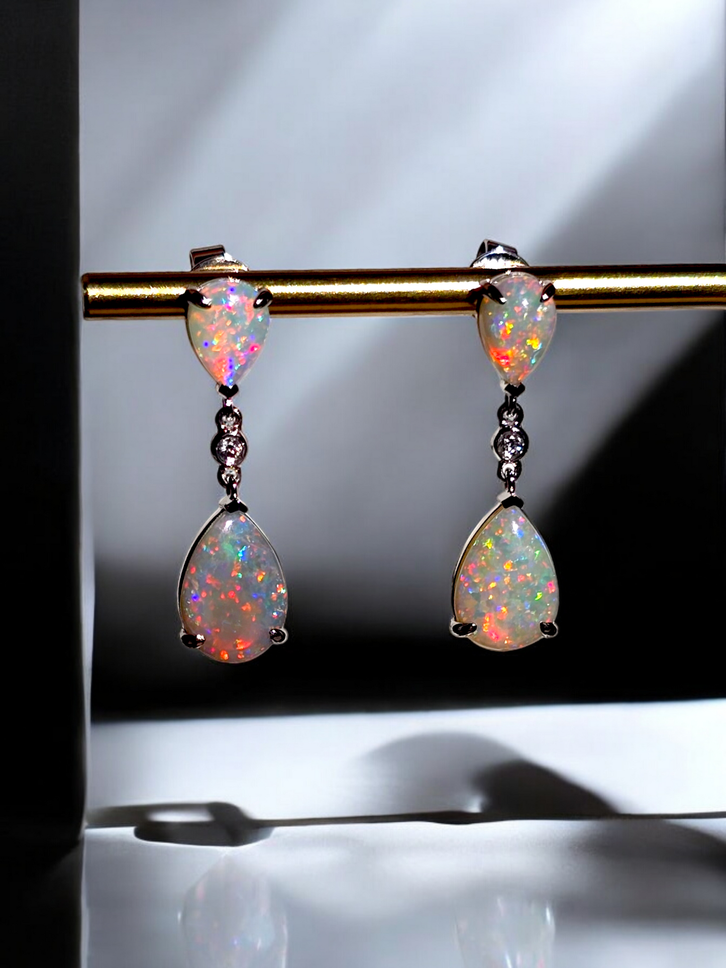 Australian Opal Drop and Dangle Earrings with 14K White Gold and White Diamonds - 3002