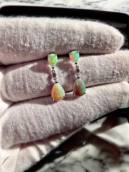 Australian Opal Drop and Dangle Earrings with 14K White Gold and White Diamonds - 3002