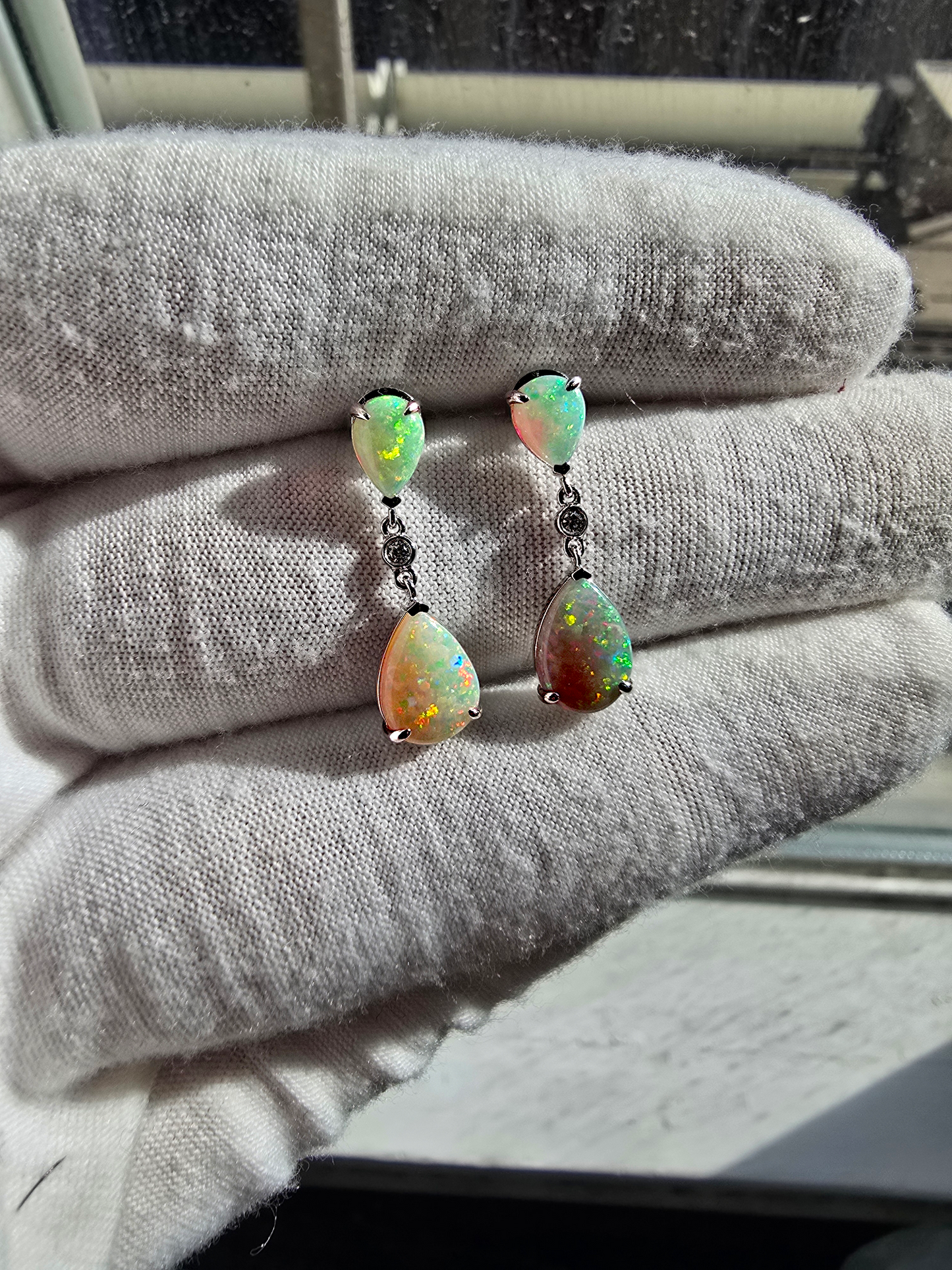 Australian Opal Drop and Dangle Earrings with 14K White Gold and White Diamonds - 3002