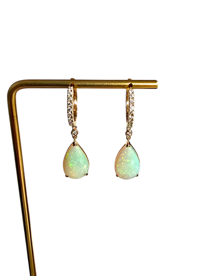 Australian Opal Drop and Dangle Earrings with 14K Yellow Gold and White Diamonds - 3003