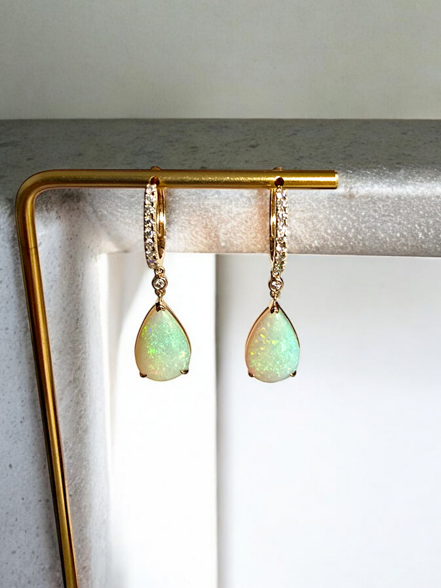 Australian Opal Drop and Dangle Earrings with 14K Yellow Gold and White Diamonds - 3003