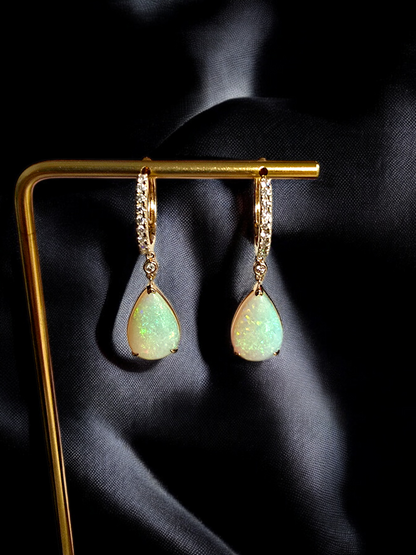 Australian Opal Drop and Dangle Earrings with 14K Yellow Gold and White Diamonds - 3003