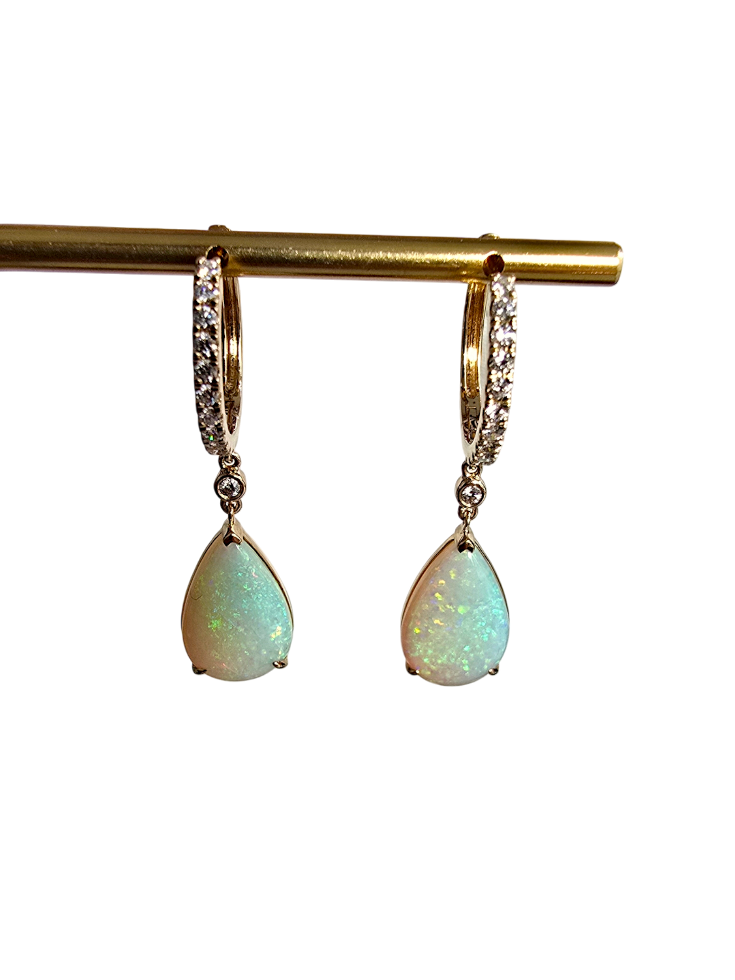 Australian Opal Drop and Dangle Earrings with 14K Yellow Gold and White Diamonds - 3003