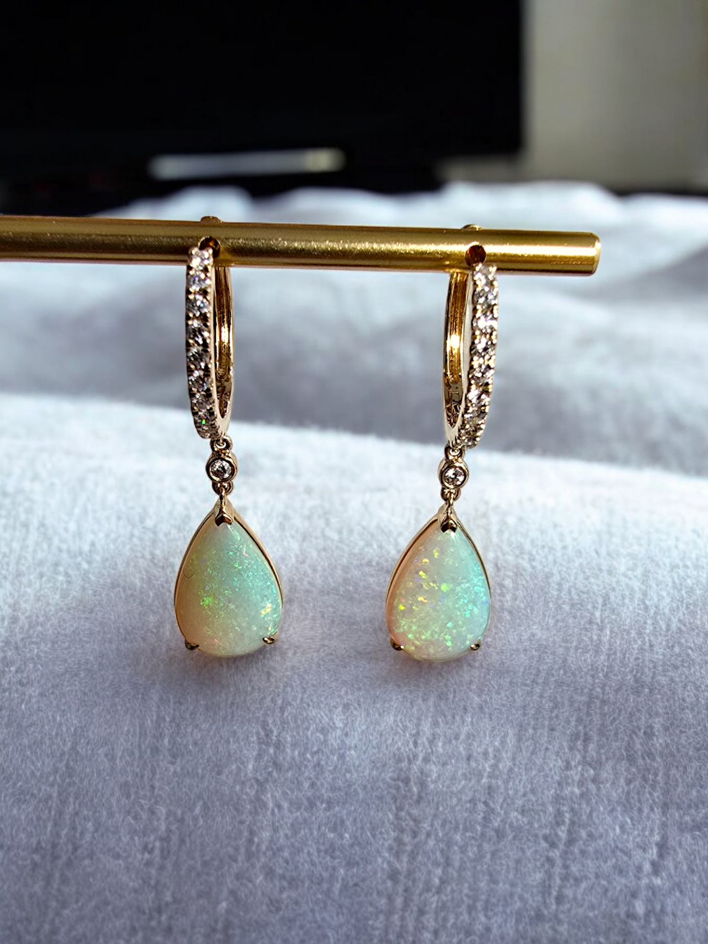 Australian Opal Drop and Dangle Earrings with 14K Yellow Gold and White Diamonds - 3003