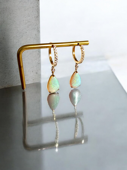 Australian Opal Drop and Dangle Earrings with 14K Yellow Gold and White Diamonds - 3003