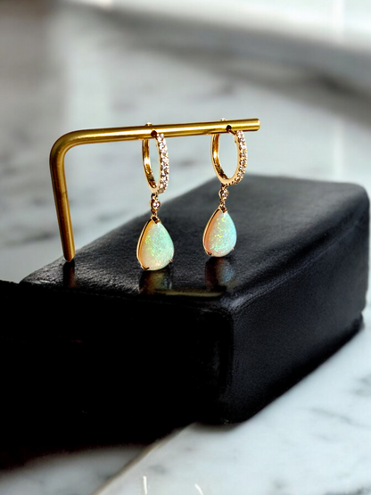 Australian Opal Drop and Dangle Earrings with 14K Yellow Gold and White Diamonds - 3003