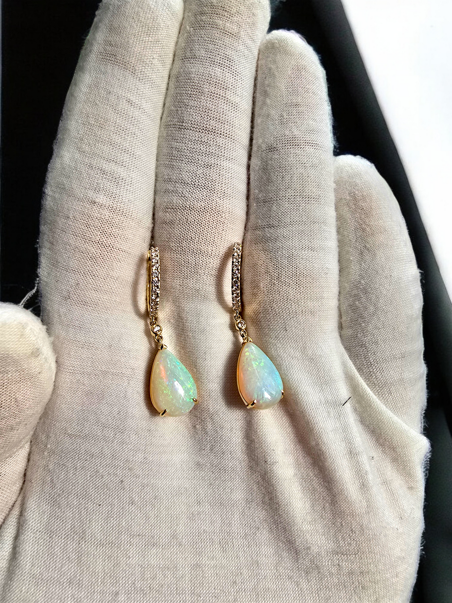 Australian Opal Drop and Dangle Earrings with 14K Yellow Gold and White Diamonds - 3003