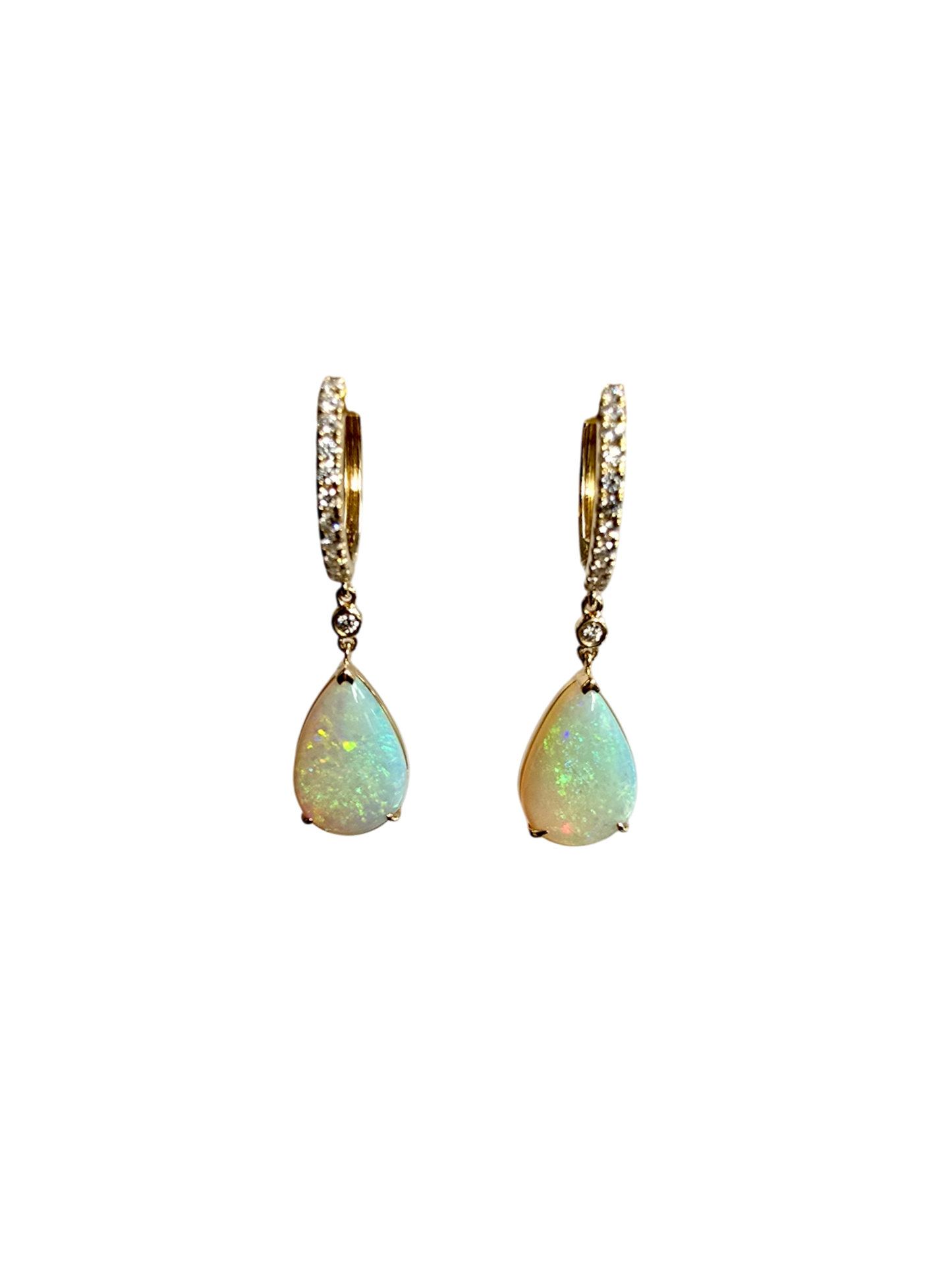 Australian Opal Drop and Dangle Earrings with 14K Yellow Gold and White Diamonds - 3003