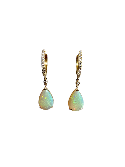 Australian Opal Drop and Dangle Earrings with 14K Yellow Gold and White Diamonds - 3003