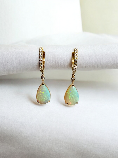 Australian Opal Drop and Dangle Earrings with 14K Yellow Gold and White Diamonds - 3003