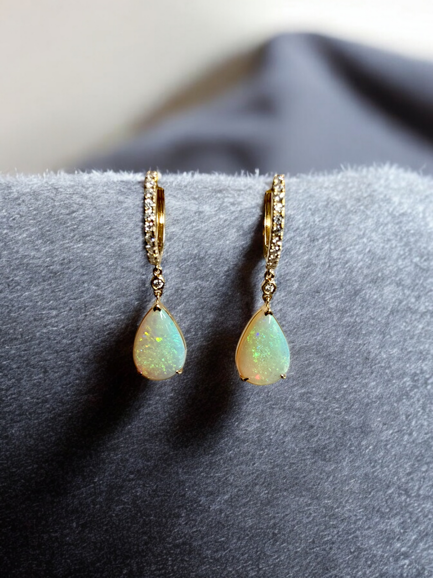 Australian Opal Drop and Dangle Earrings with 14K Yellow Gold and White Diamonds - 3003