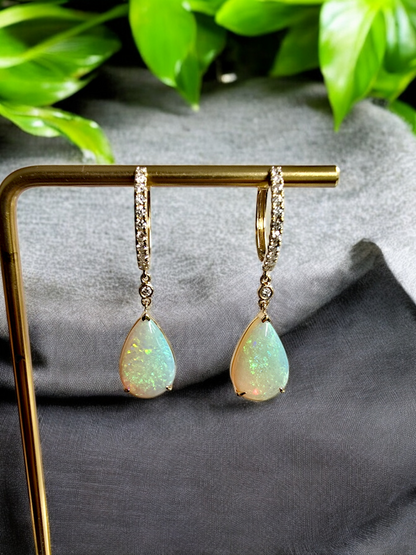 Australian Opal Drop and Dangle Earrings with 14K Yellow Gold and White Diamonds - 3003