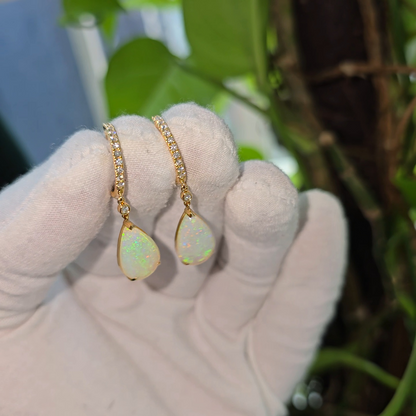 Australian Opal Drop and Dangle Earrings with 14K Yellow Gold and White Diamonds - 3003