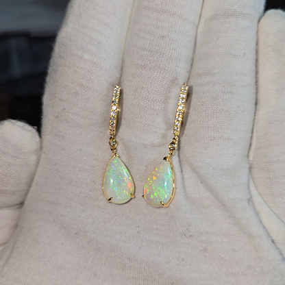 Australian Opal Drop and Dangle Earrings with 14K Yellow Gold and White Diamonds - 3003