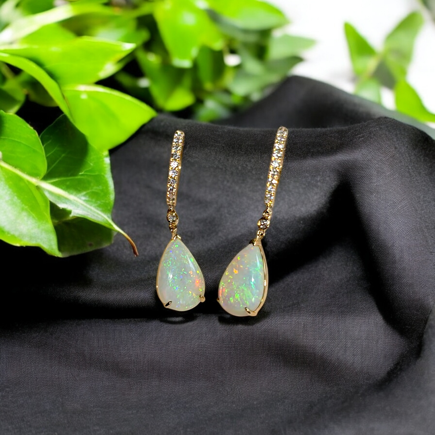 Australian Opal Drop and Dangle Earrings with 14K Yellow Gold and White Diamonds - 3003