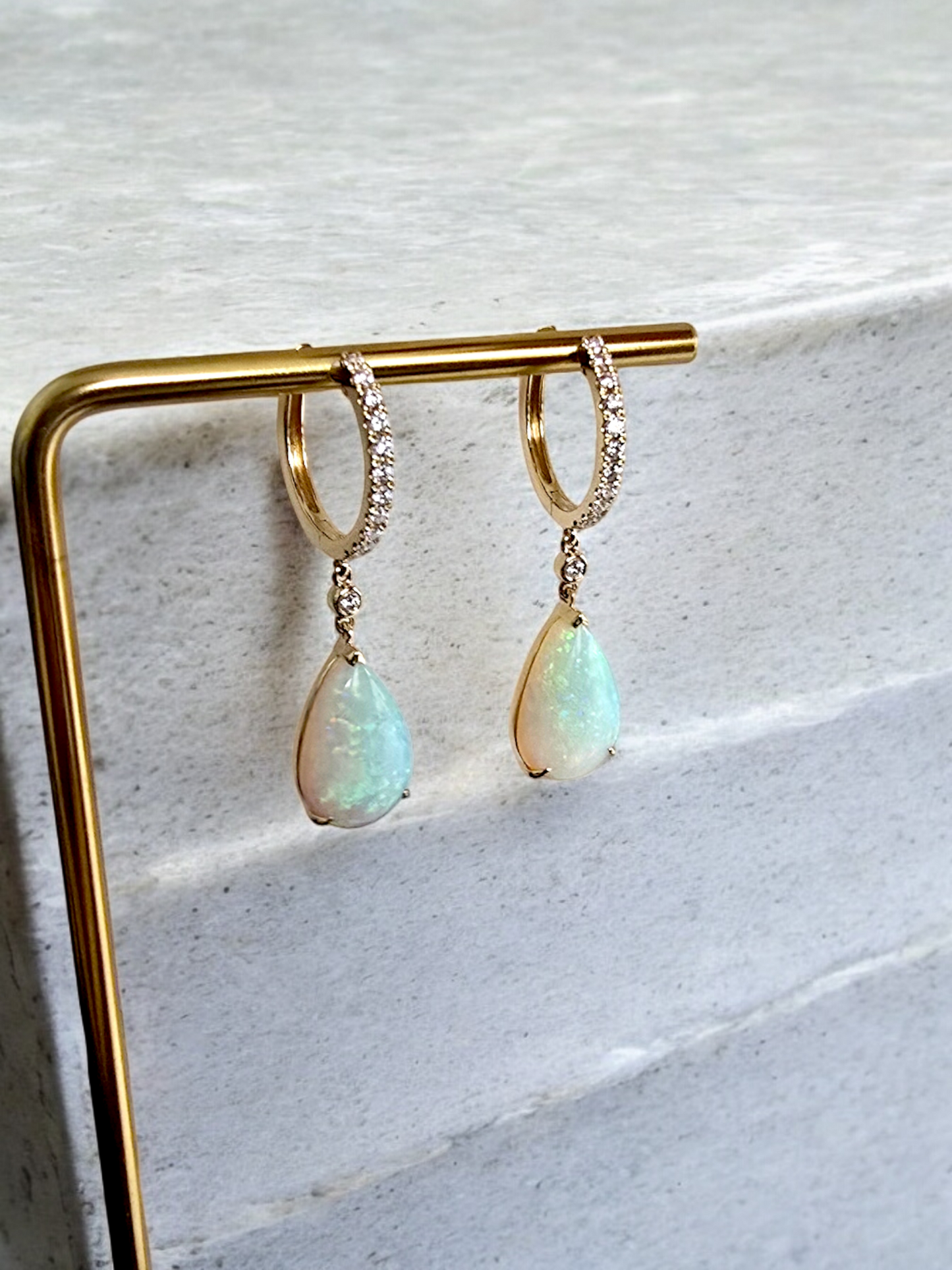 Australian Opal Drop and Dangle Earrings with 14K Yellow Gold and White Diamonds - 3003