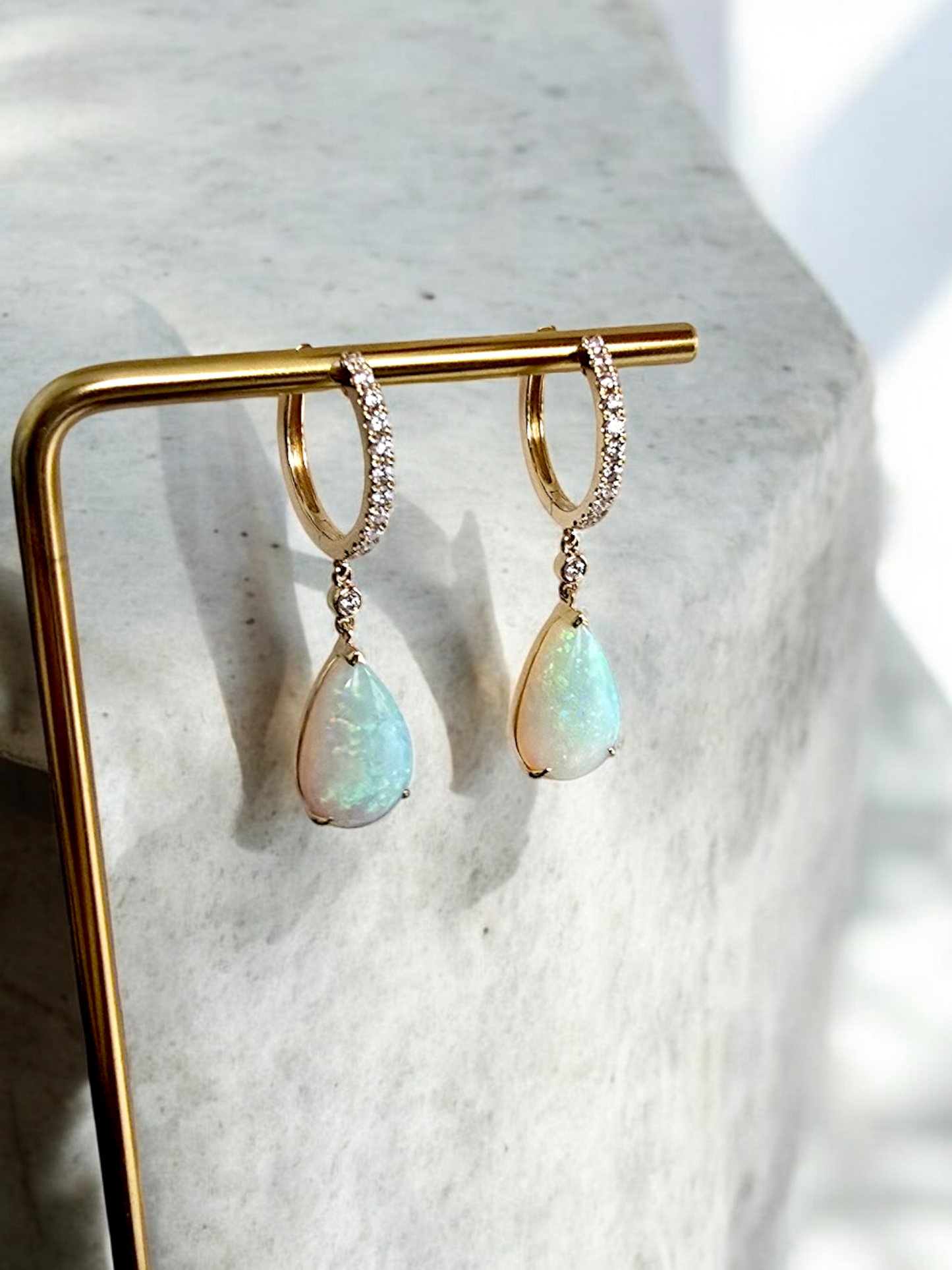 Australian Opal Drop and Dangle Earrings with 14K Yellow Gold and White Diamonds - 3003