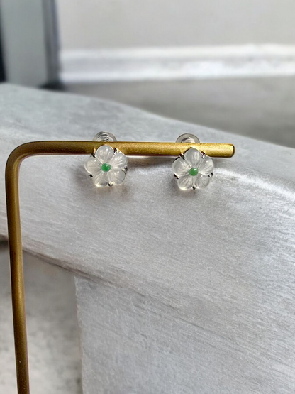 Hokkaido Flowers Burmese Green and White A-Jade Stud Earrings with Sterling Silver- Certified