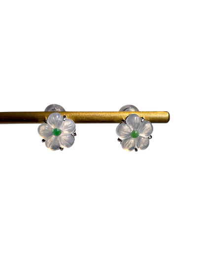 Hokkaido Flowers Burmese Green and White A-Jade Stud Earrings with Sterling Silver- Certified