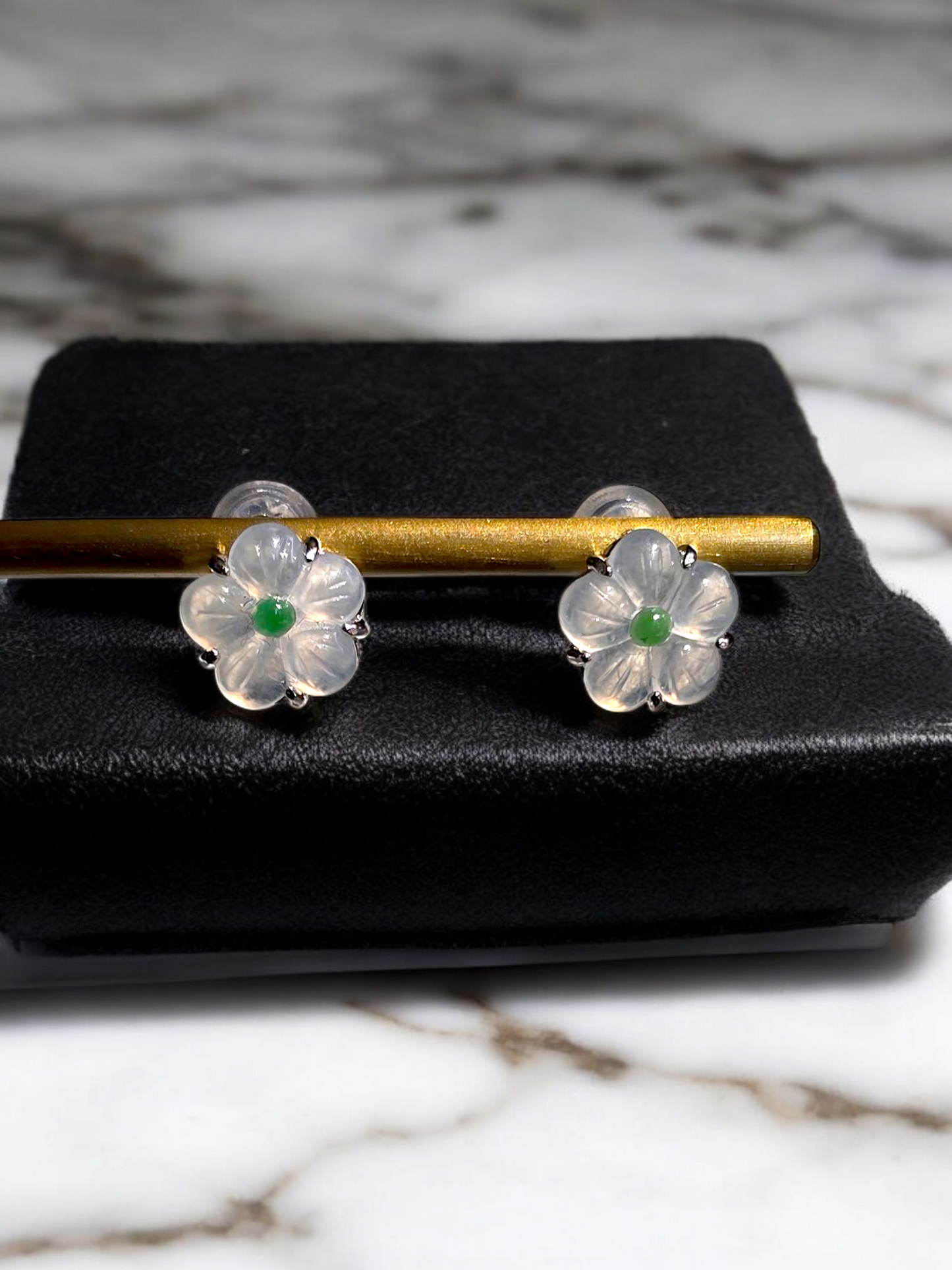 Hokkaido Flowers Burmese Green and White A-Jade Stud Earrings with Sterling Silver- Certified