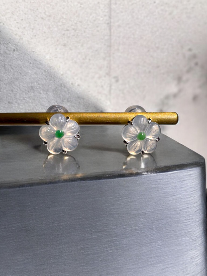 Hokkaido Flowers Burmese Green and White A-Jade Stud Earrings with Sterling Silver- Certified