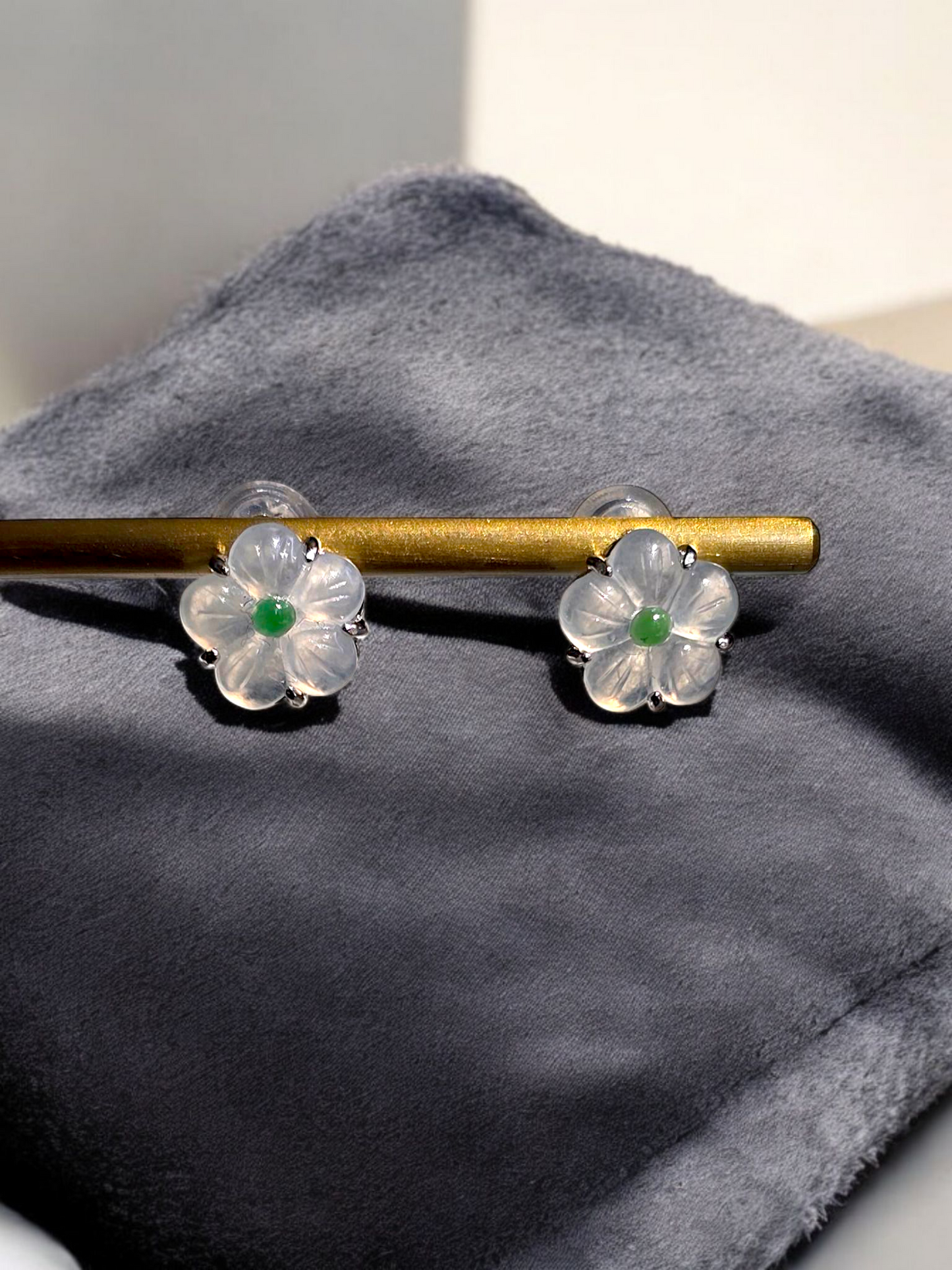 Hokkaido Flowers Burmese Green and White A-Jade Stud Earrings with Sterling Silver- Certified