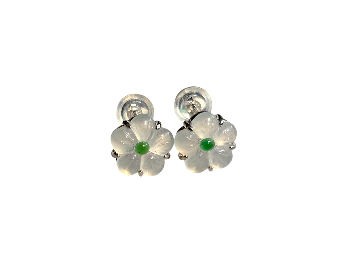 Hokkaido Flowers Burmese Green and White A-Jade Stud Earrings with Sterling Silver- Certified