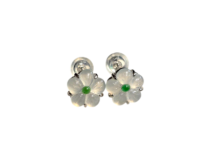 Hokkaido Flowers Burmese Green and White A-Jade Stud Earrings with Sterling Silver- Certified