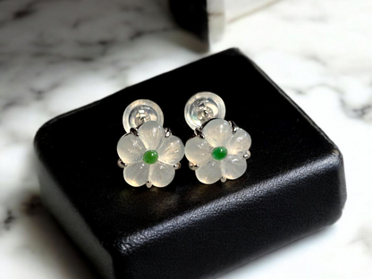 Hokkaido Flowers Burmese Green and White A-Jade Stud Earrings with Sterling Silver- Certified