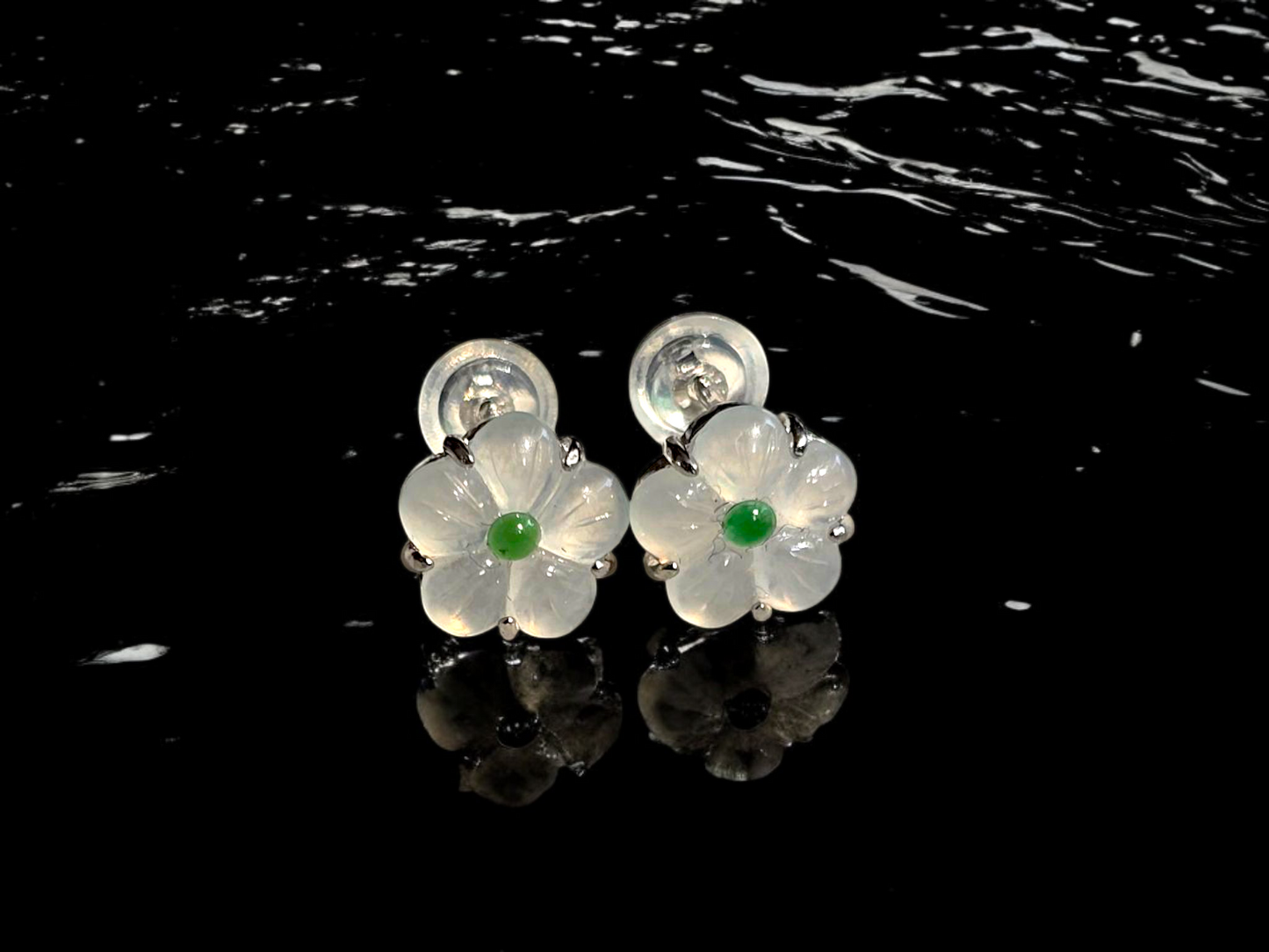 Hokkaido Flowers Burmese Green and White A-Jade Stud Earrings with Sterling Silver- Certified